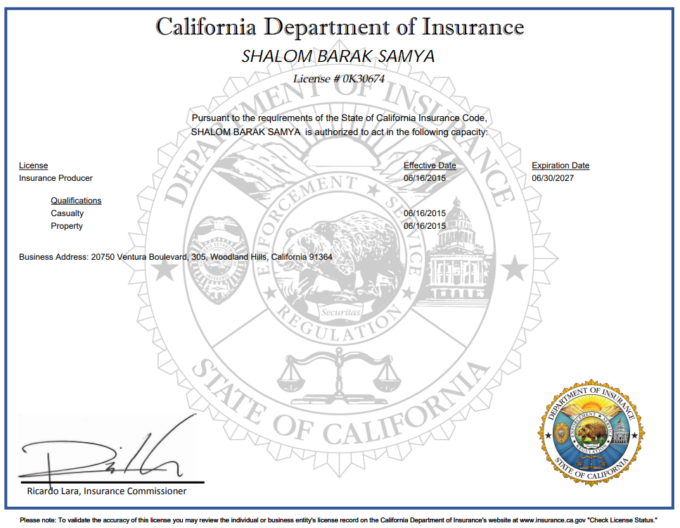 Licensed Commercial Insurance Broker California Shalom Samya