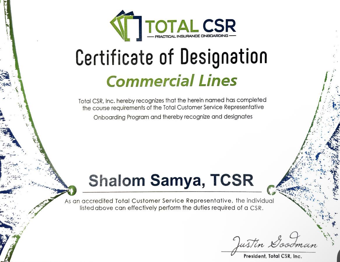 Shalom Samya TCSR Commercial Lines Certification
